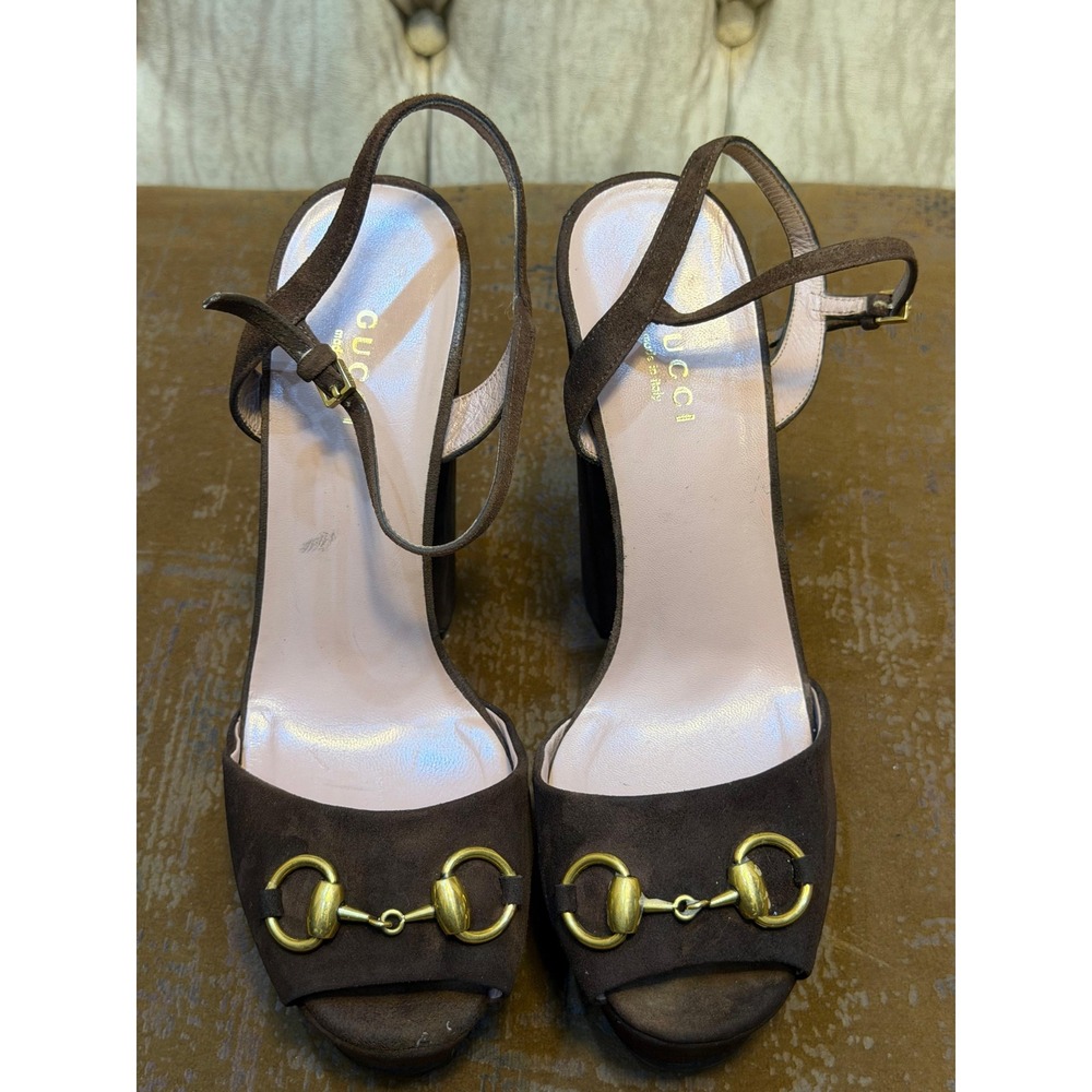 Gucci Brown Suede Horsebit Platform Sandals Block Heel Ankle Strap Size 37.5 EU